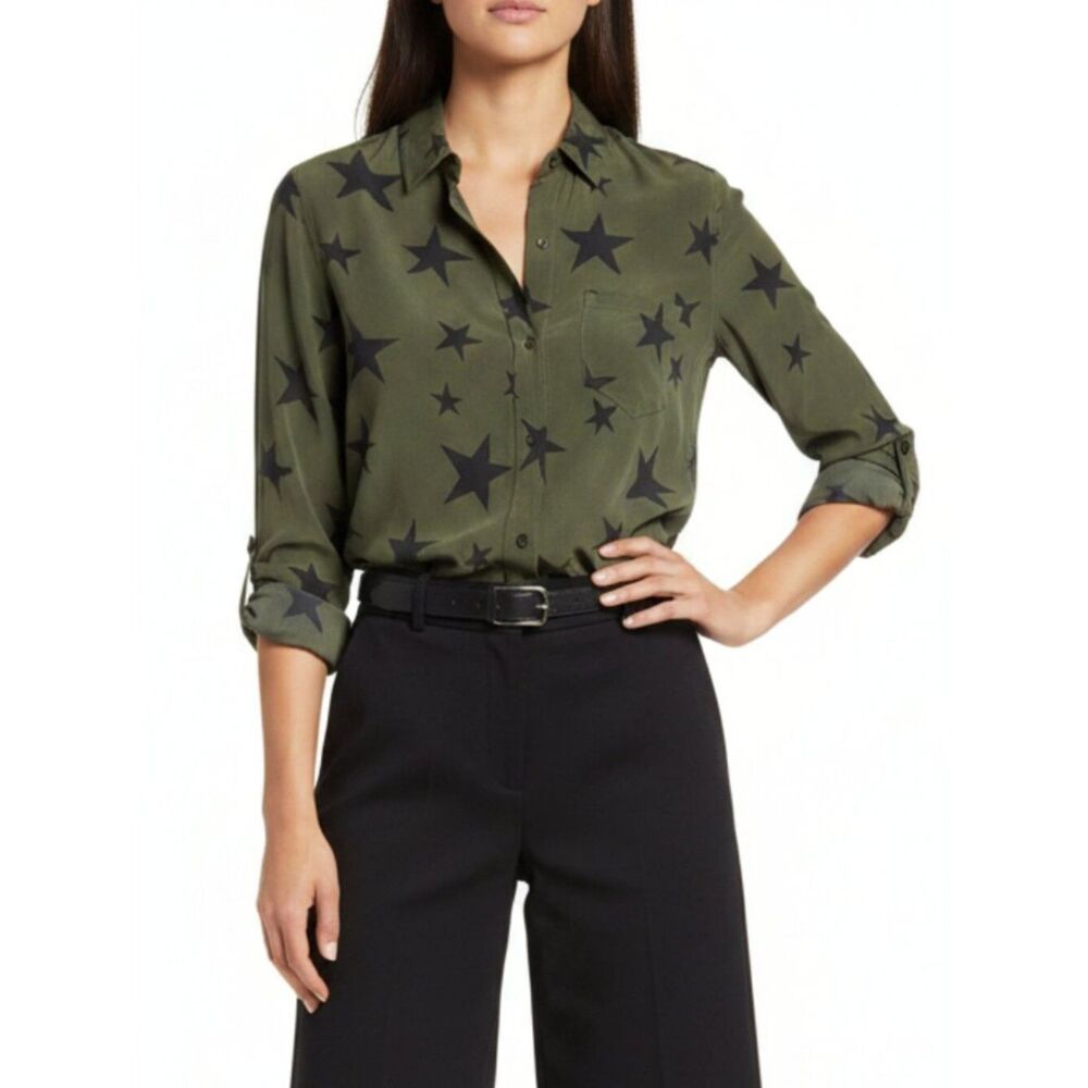 Rails Green & Black Star Print Button Up Long Sleeve Blouse Top NEW S